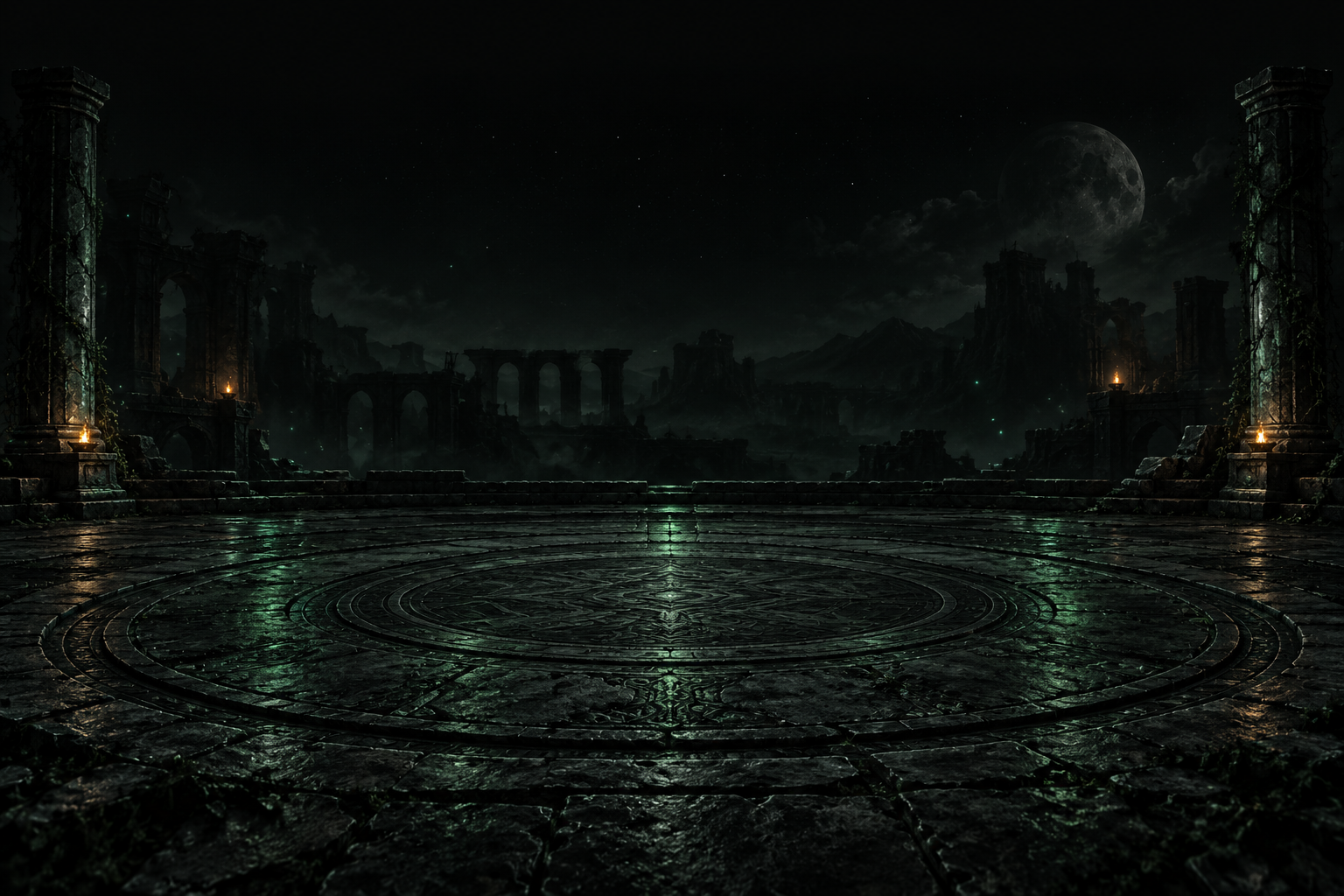 Moonlit stone arena where Wiki Battle, a WikiMasters alternative, stages three-card tactical duels