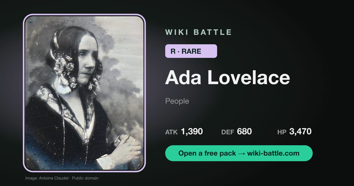 Ada Lovelace card played by your friend in the example duel: Rare, People, ATK 1,390, DEF 680, HP 3,470