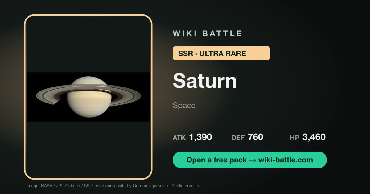 How to play Wiki Battle: a Saturn card showing its rarity, theme and ATK, DEF and HP stats