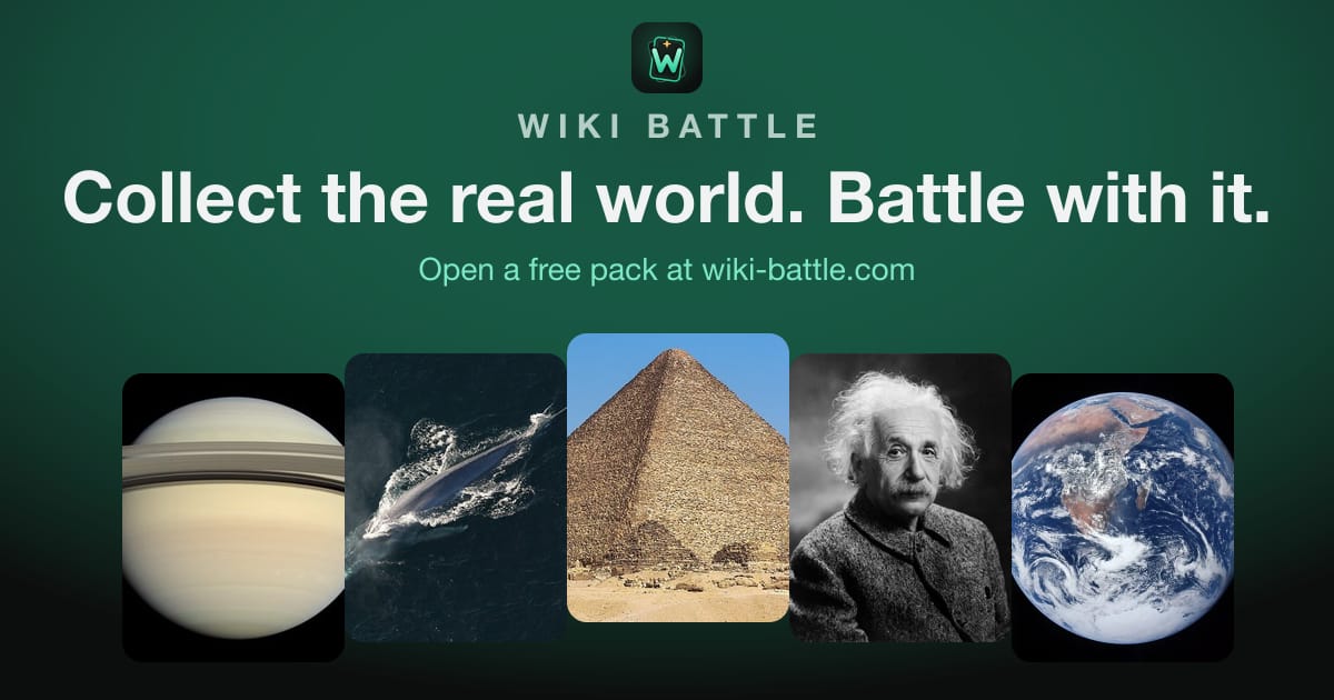 Wikipedia cards in Wiki Battle: Saturn, Blue Whale, Great Pyramid, Albert Einstein, Earth